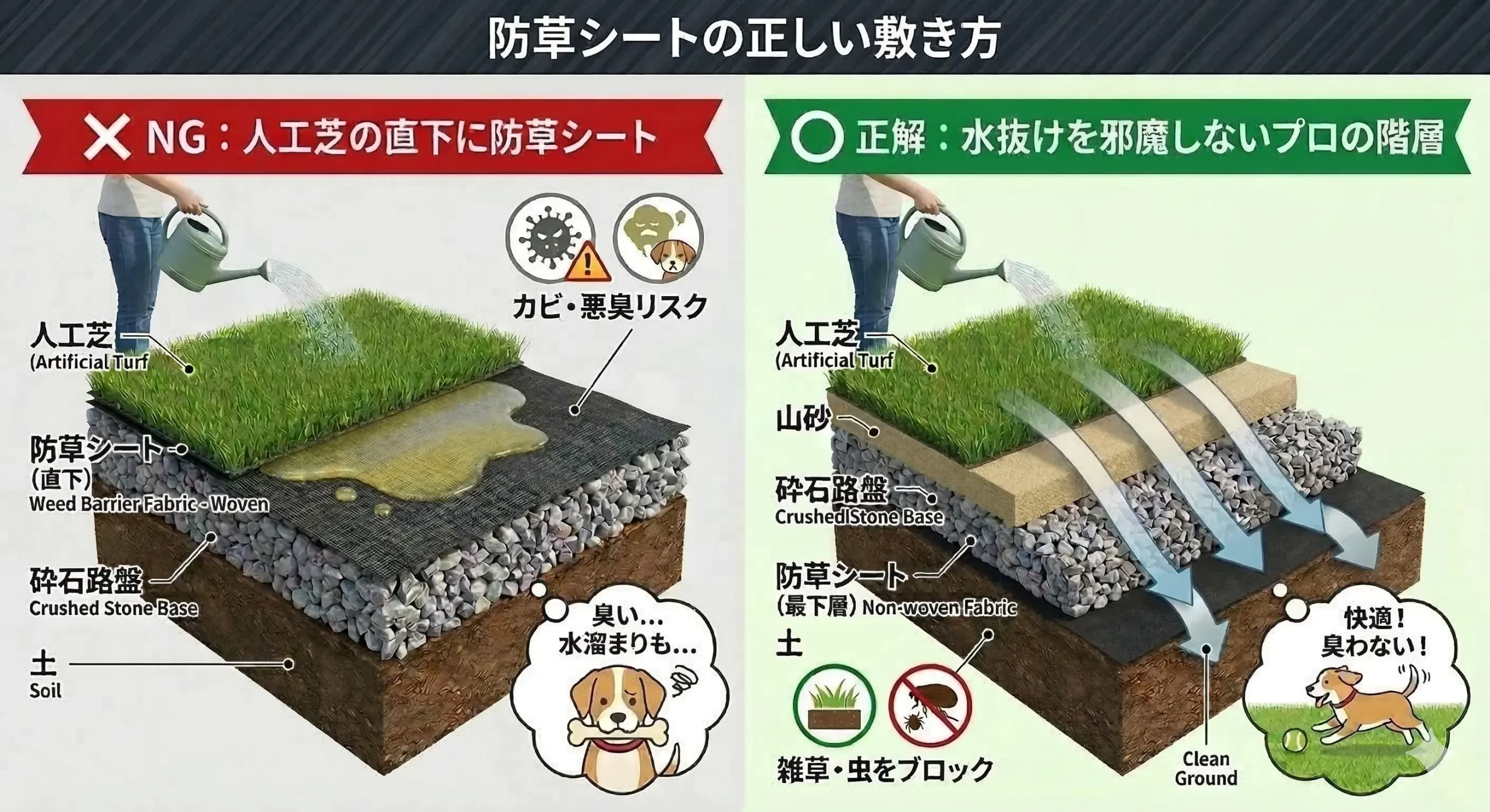 防草シートの正しい敷き方とNGな敷き方の比較図解